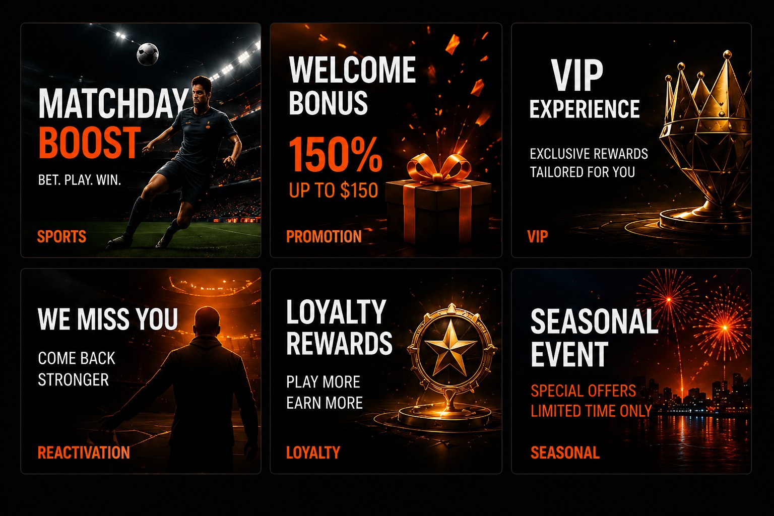 Campaign creative grid across sports, promotions, VIP, reactivation, loyalty and seasonal moments