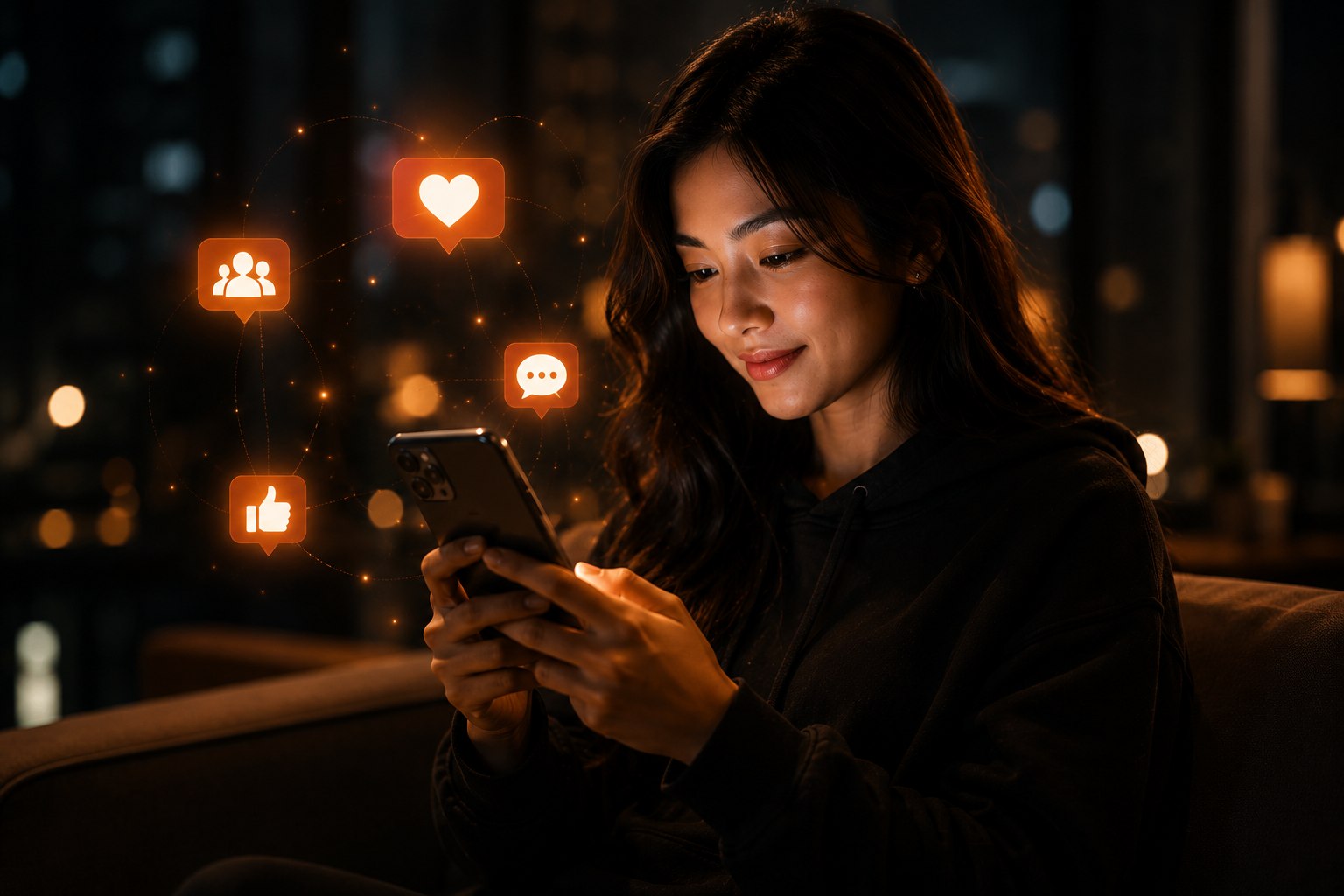 Player engaging with social content on mobile, surrounded by like, comment and follow icons