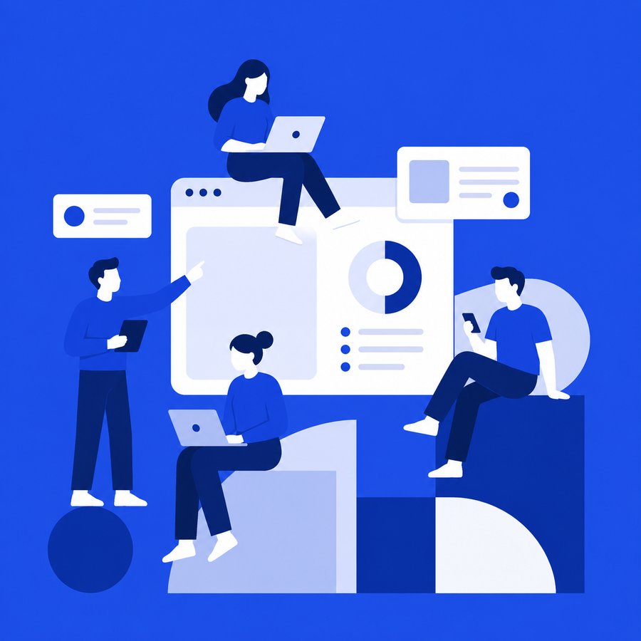 Illustration of a team reviewing marketing analytics and dashboards together