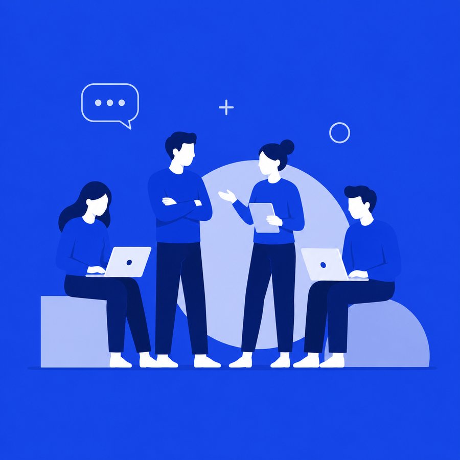 Illustration of a team collaborating together with laptops