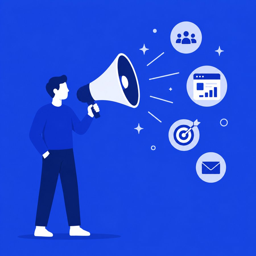 Illustration of a figure amplifying reach and visibility through a megaphone