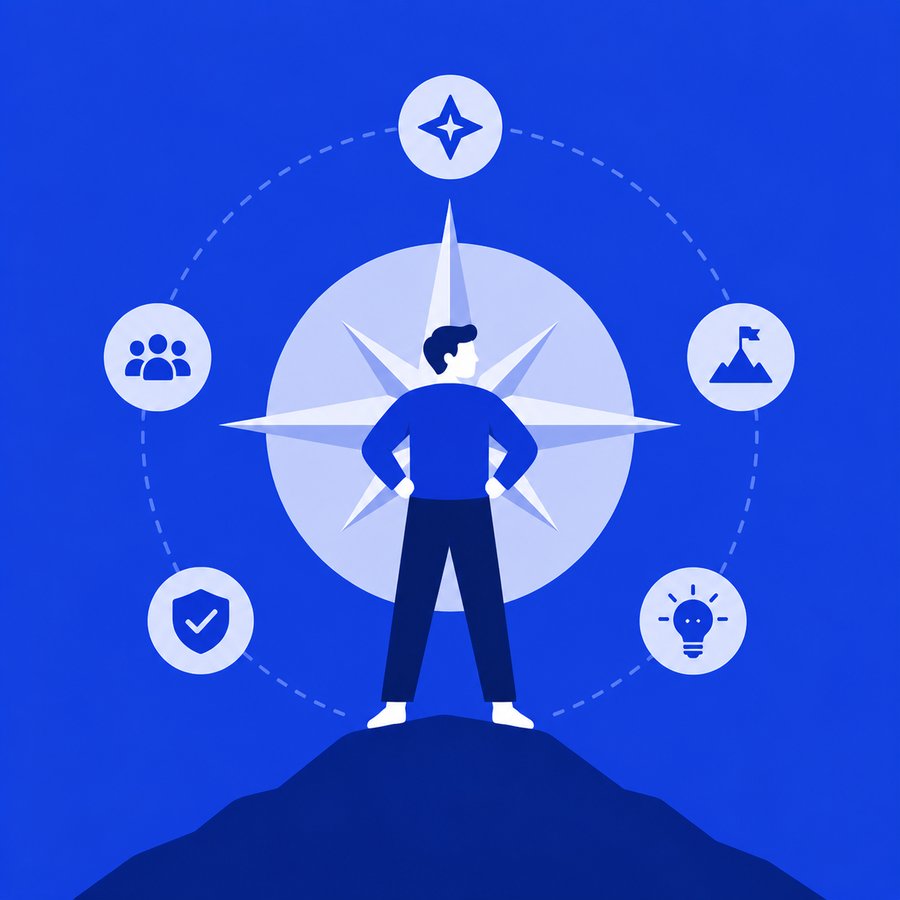 Illustration of a figure standing on a mountain surrounded by icons representing our values